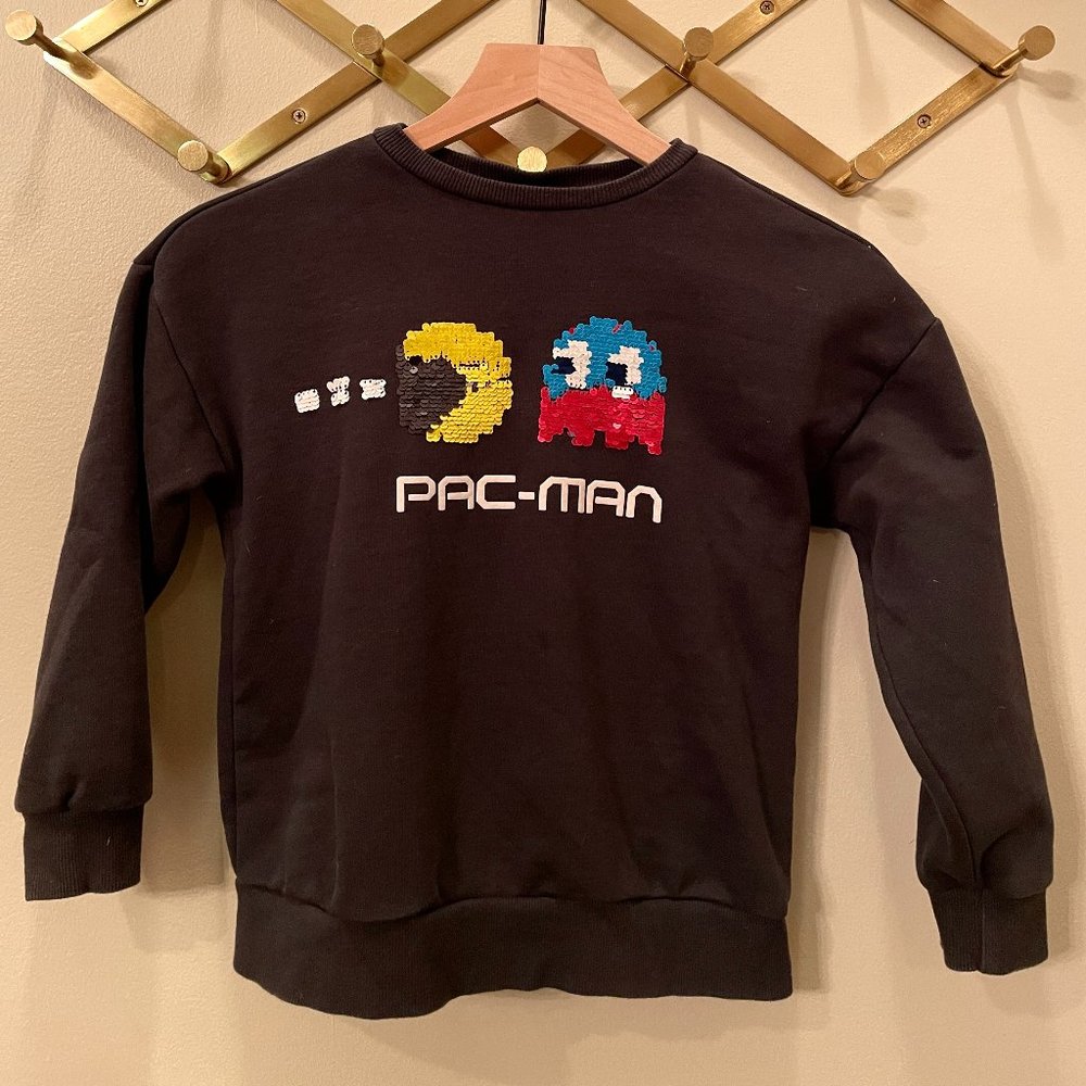 Zara Kids Pac Man Sweat Shirt Sequin Graphics Long Sleeve Black Size 8